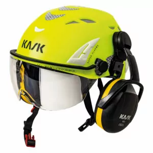 Skyddshjälm, gul med kåpa
